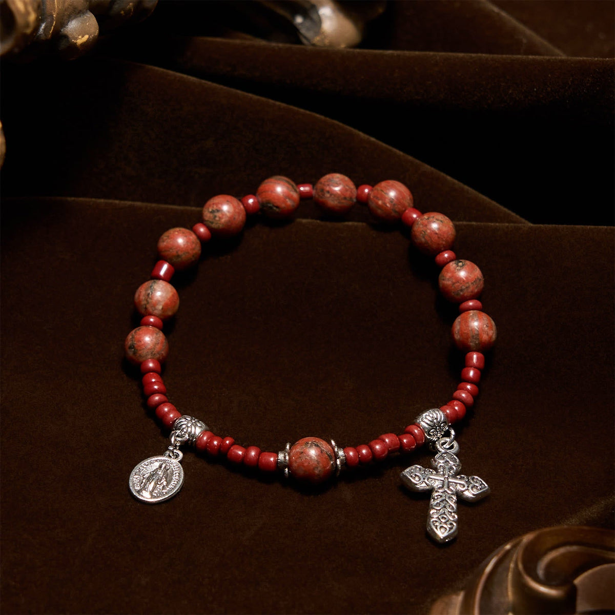 8mm Red Sesame Stone One Decade Rosary Bracelet with Miraculous Medal