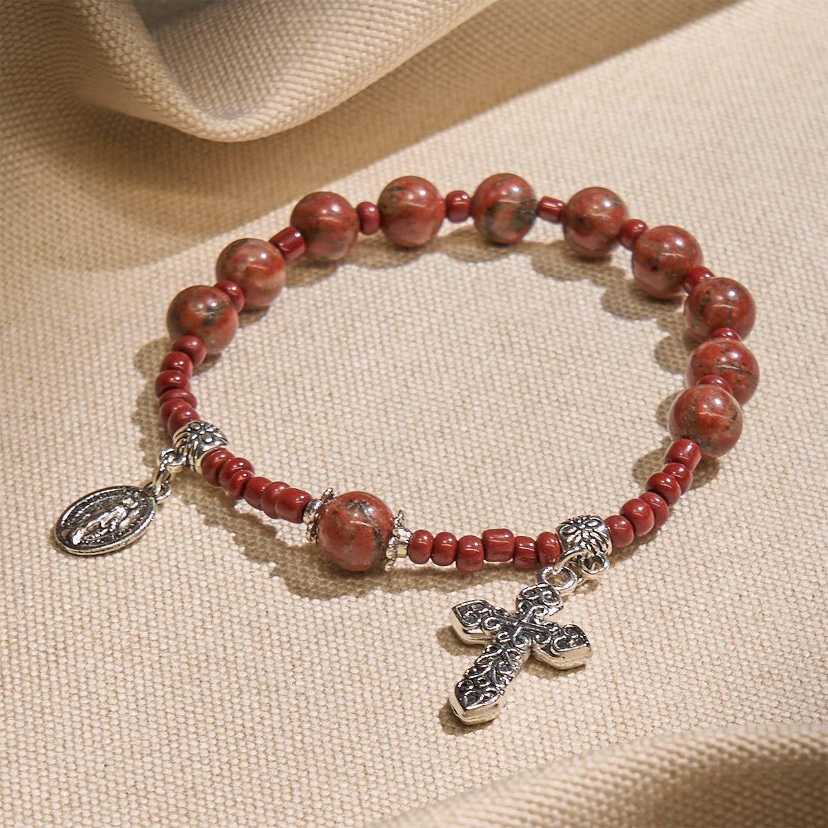 8mm Red Sesame Stone One Decade Rosary Bracelet with Miraculous Medal