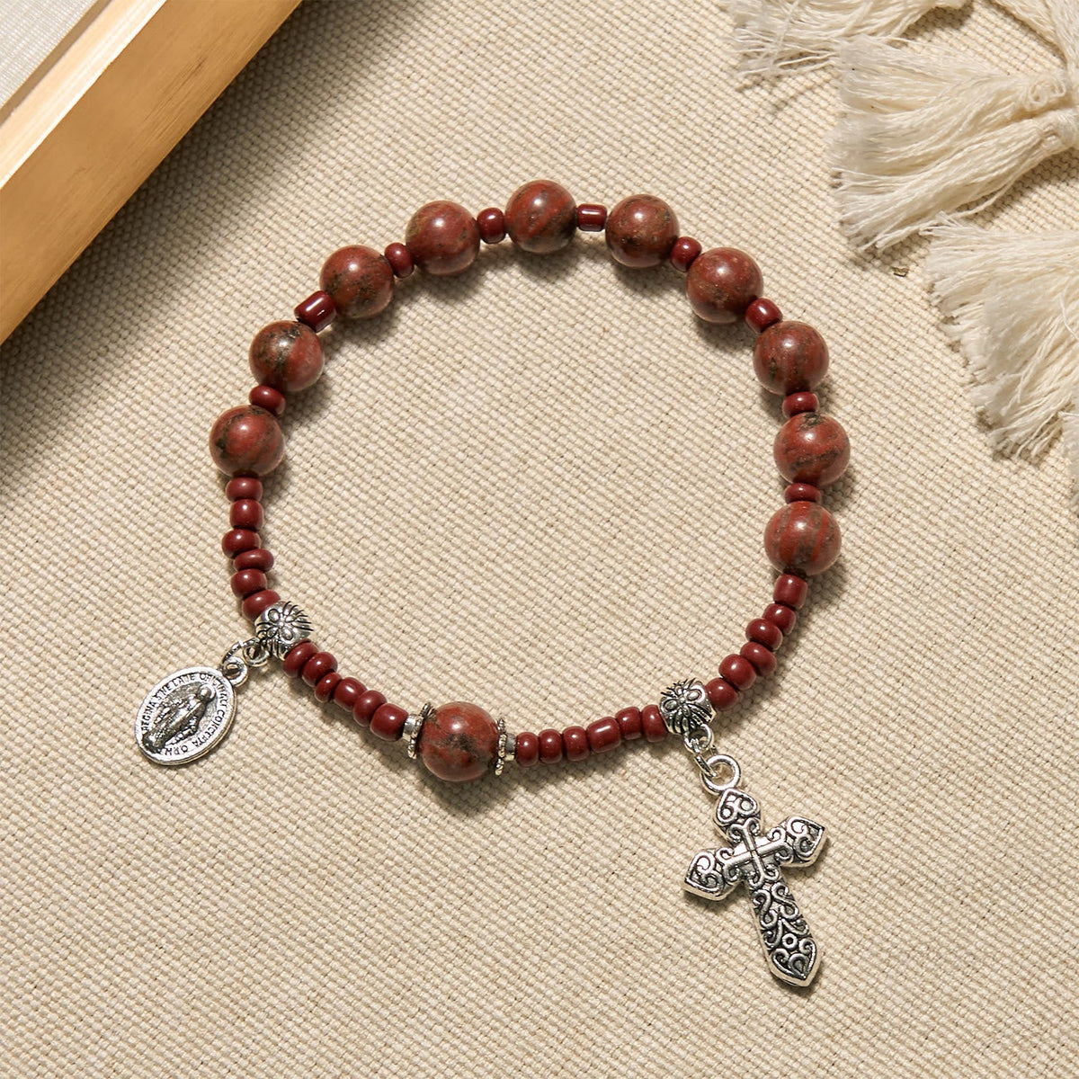 8mm Red Sesame Stone One Decade Rosary Bracelet with Miraculous Medal