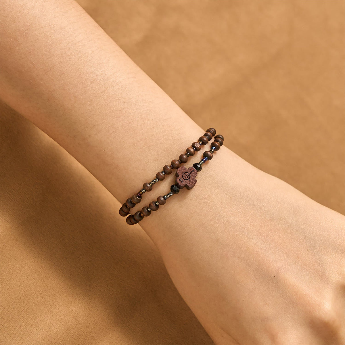 Classic Wooden Bead Bracelet with Cross