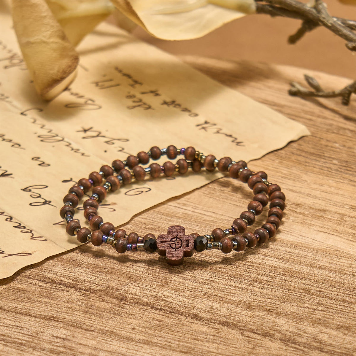 Classic Wooden Bead Bracelet with Cross