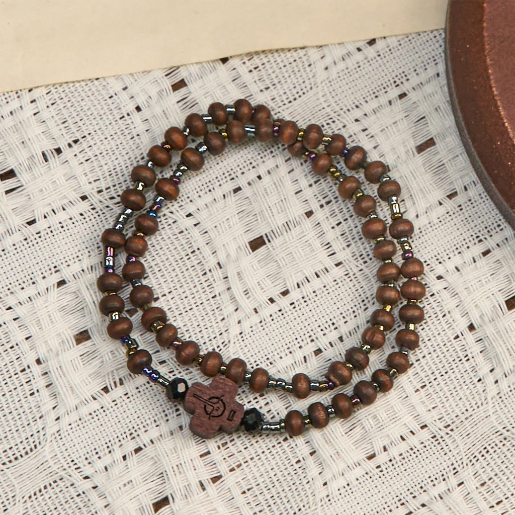 Classic Wooden Bead Bracelet with Cross