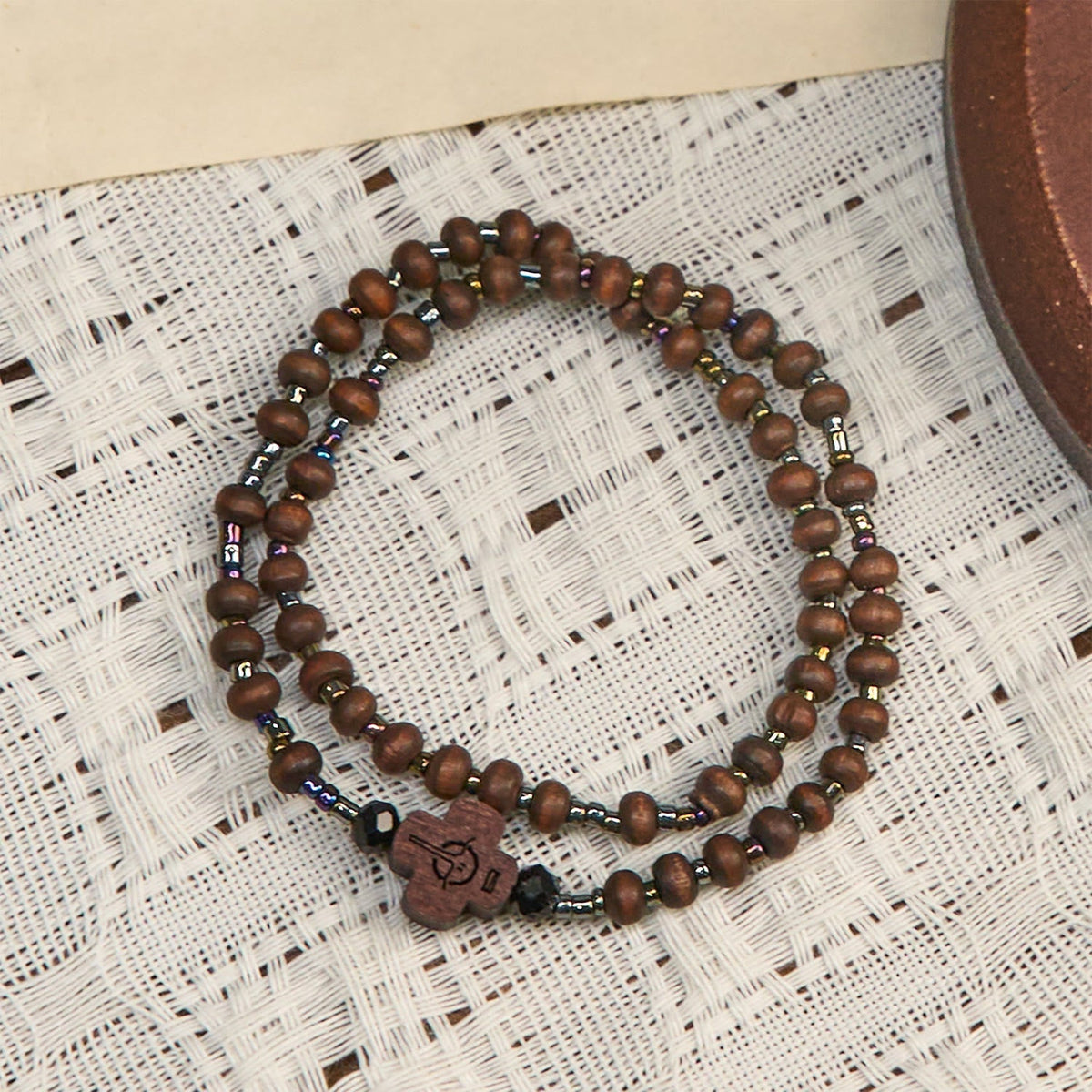 Classic Wooden Bead Bracelet with Cross