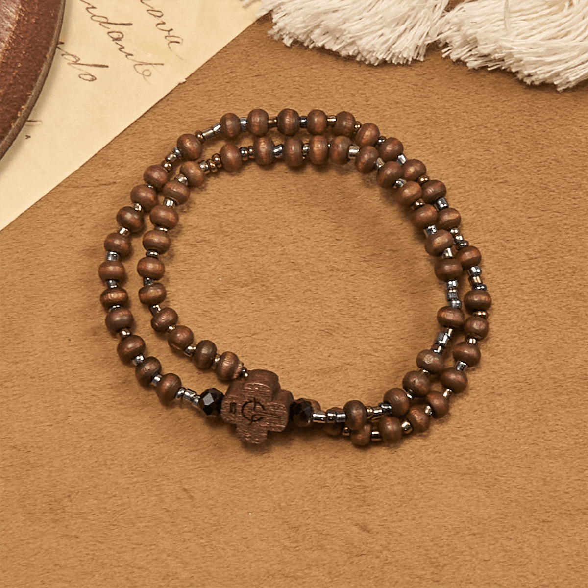 Classic Wooden Bead Bracelet with Cross