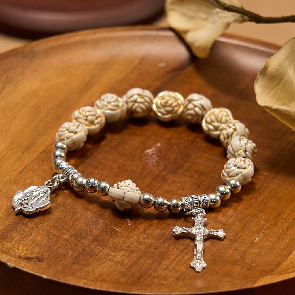 Artistically Sculpted 10mm White Rose Bead Rosary Bracelet