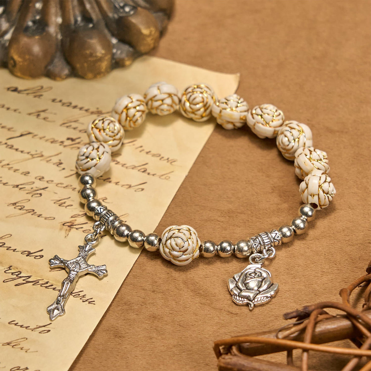 Artistically Sculpted 10mm White Rose Bead Rosary Bracelet