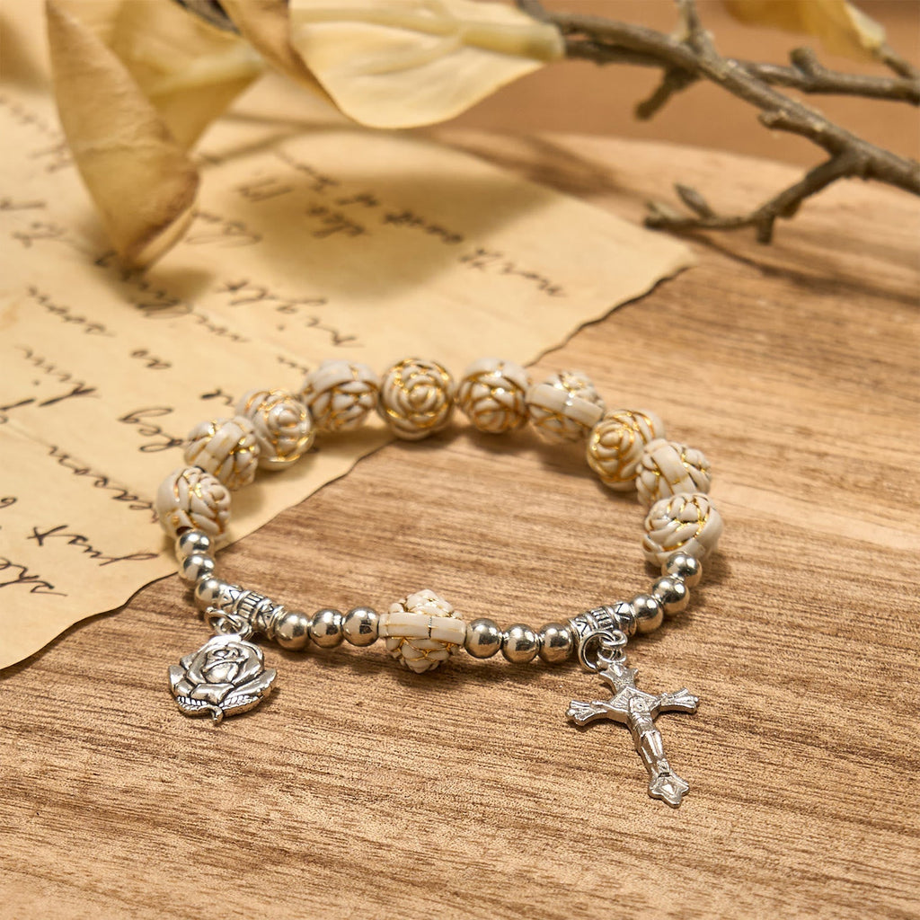 Artistically Sculpted 10mm White Rose Bead Rosary Bracelet