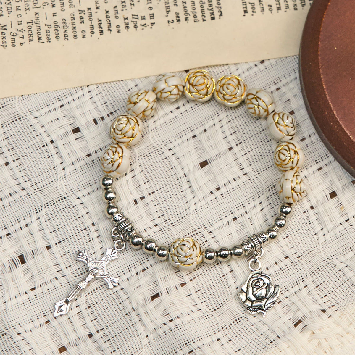 Artistically Sculpted 10mm White Rose Bead Rosary Bracelet
