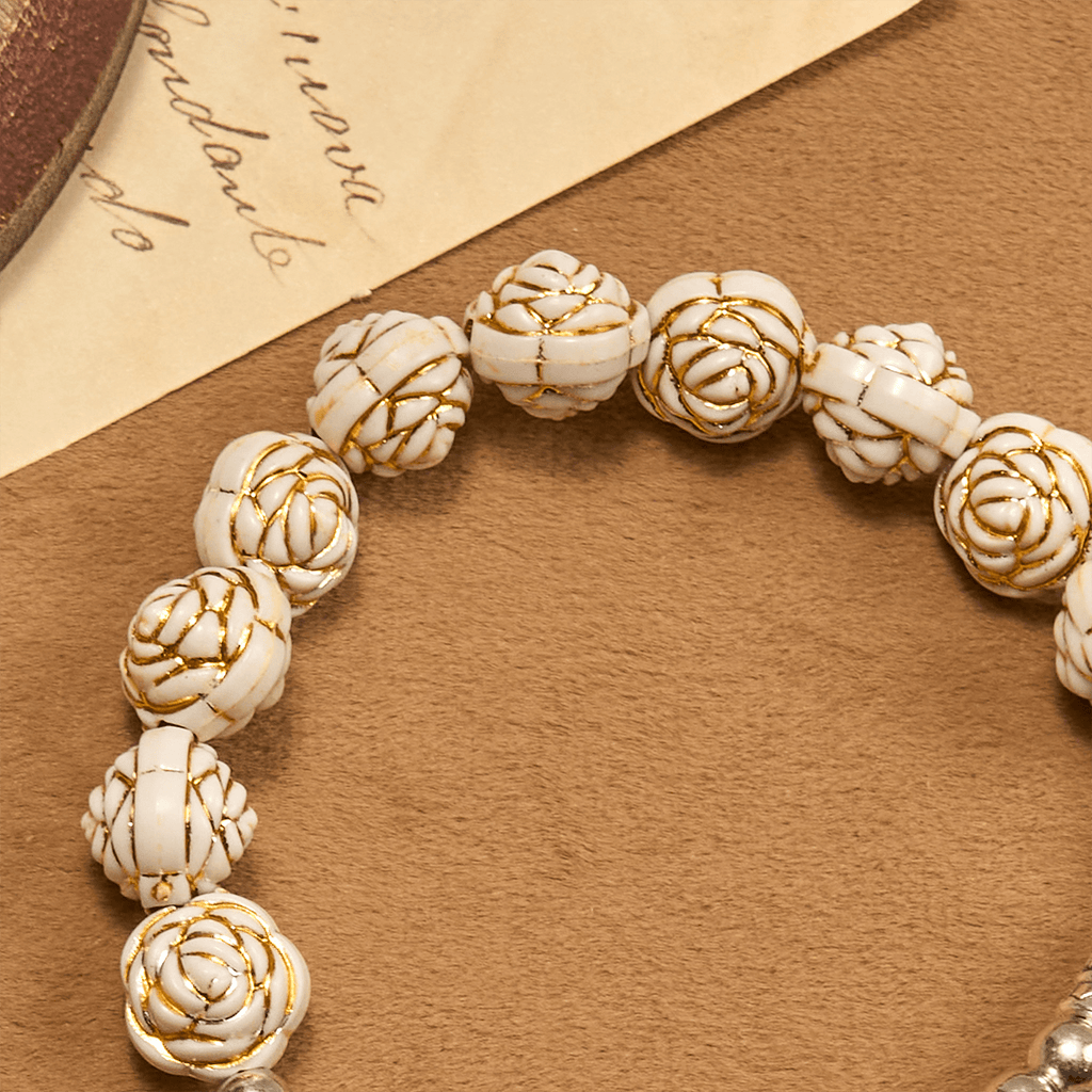 Artistically Sculpted 10mm White Rose Bead Rosary Bracelet
