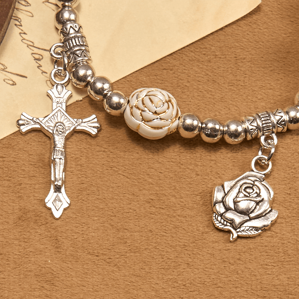 Artistically Sculpted 10mm White Rose Bead Rosary Bracelet