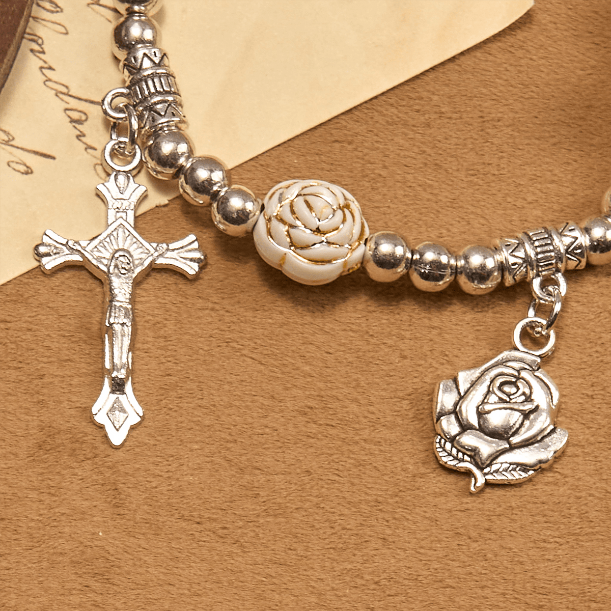 Artistically Sculpted 10mm White Rose Bead Rosary Bracelet