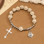 Artistically Sculpted 10mm White Rose Bead Rosary Bracelet