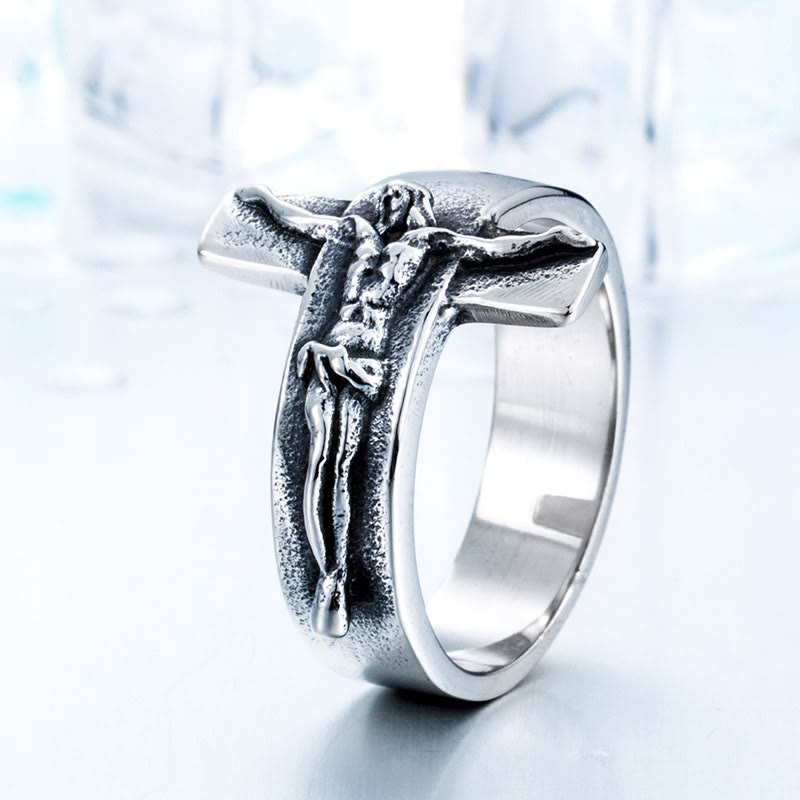 Vintage Crucifix Relief Stainless Steel Ring