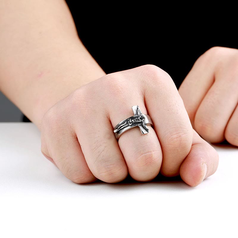 Vintage Crucifix Relief Stainless Steel Ring