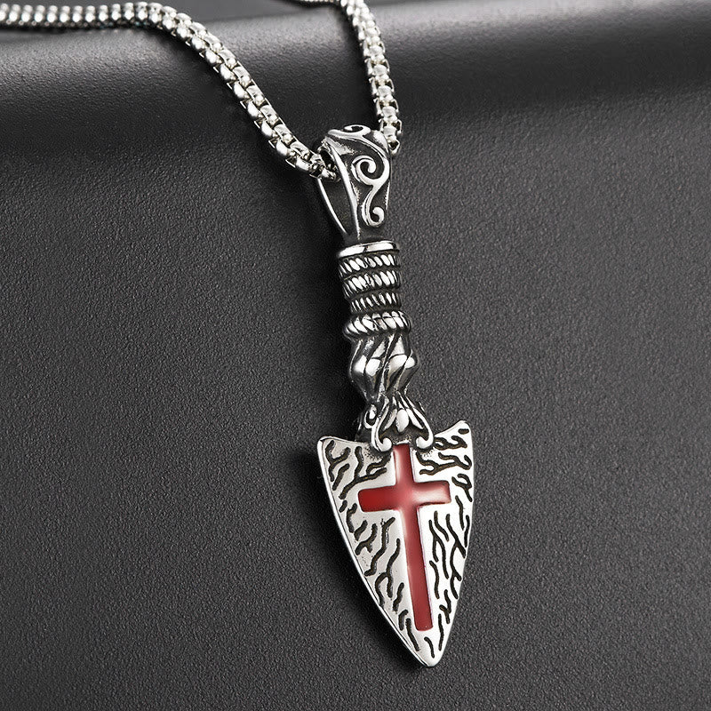 Red Cross Spearhead Necklace with Baroque Elements with Vintage Scroll