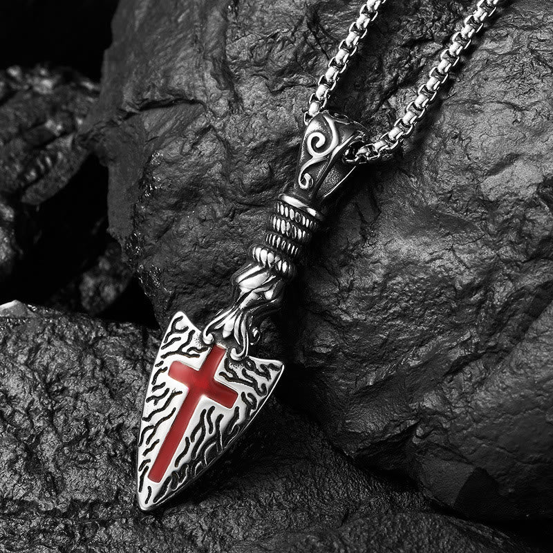 Red Cross Spearhead Necklace with Baroque Elements with Vintage Scroll