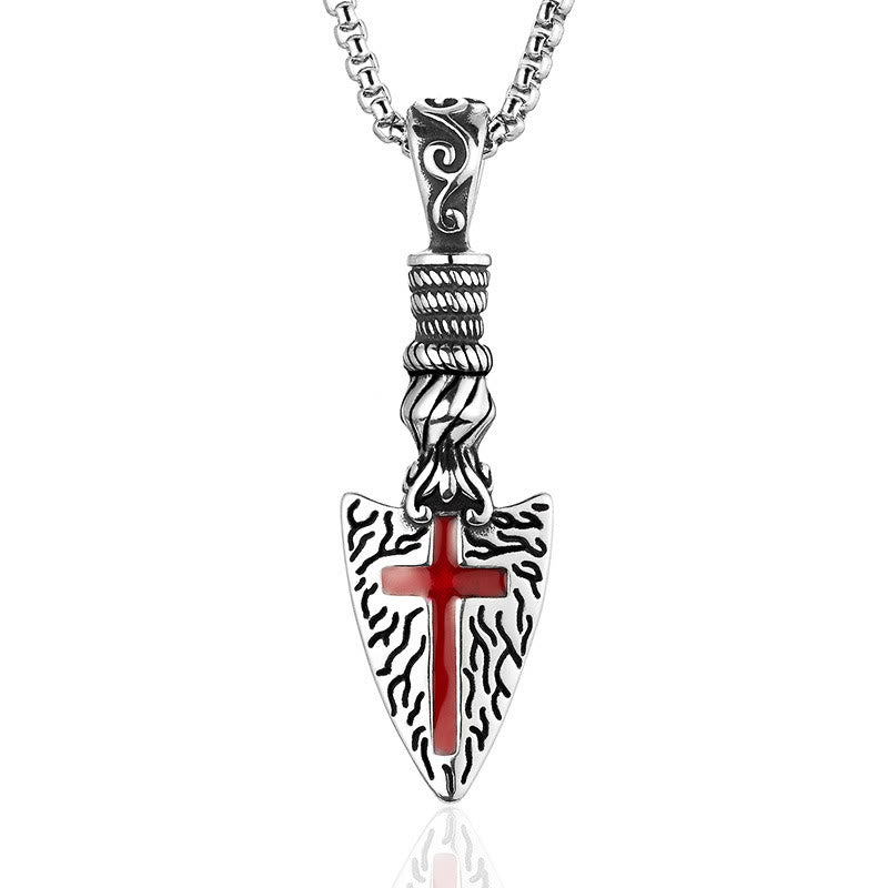 Red Cross Spearhead Necklace with Baroque Elements with Vintage Scroll