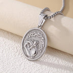Classic Three-Tone Engraved Oval Pendant with Jesus Holy Hand & Thorn