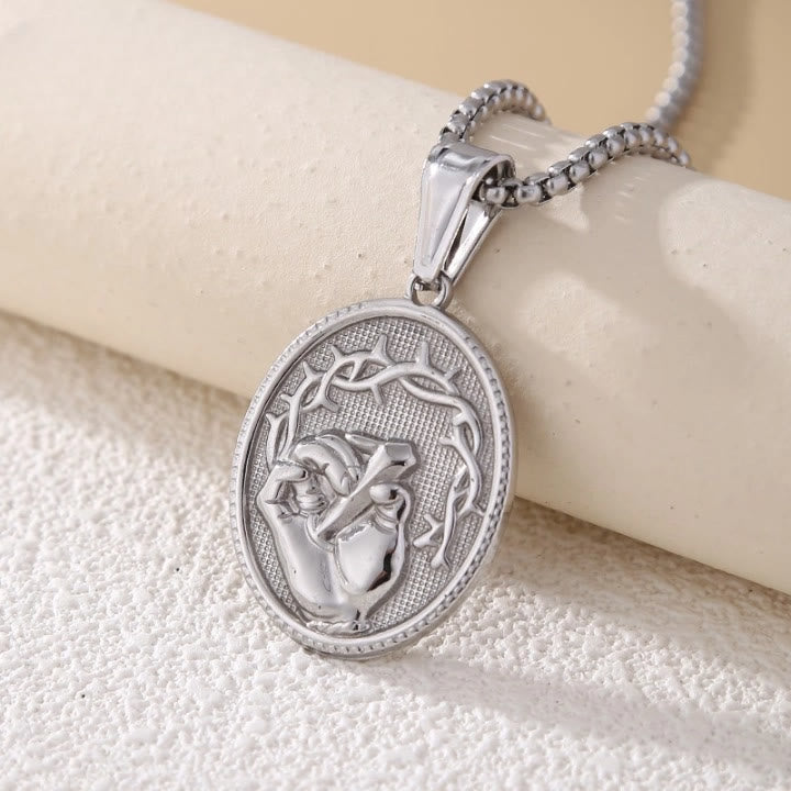Classic Three-Tone Engraved Oval Pendant with Jesus Holy Hand & Thorn