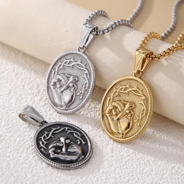 Classic Three-Tone Engraved Oval Pendant with Jesus Holy Hand & Thorn