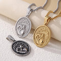 Classic Three-Tone Engraved Oval Pendant with Jesus Holy Hand & Thorn