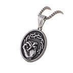 Classic Three-Tone Engraved Oval Pendant with Jesus Holy Hand & Thorn