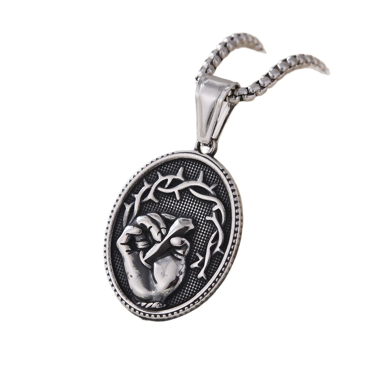 Classic Three-Tone Engraved Oval Pendant with Jesus Holy Hand & Thorn