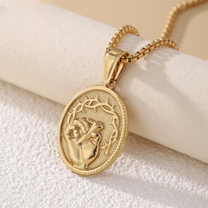 Classic Three-Tone Engraved Oval Pendant with Jesus Holy Hand & Thorn