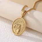 Classic Three-Tone Engraved Oval Pendant with Jesus Holy Hand & Thorn