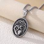 Classic Three-Tone Engraved Oval Pendant with Jesus Holy Hand & Thorn