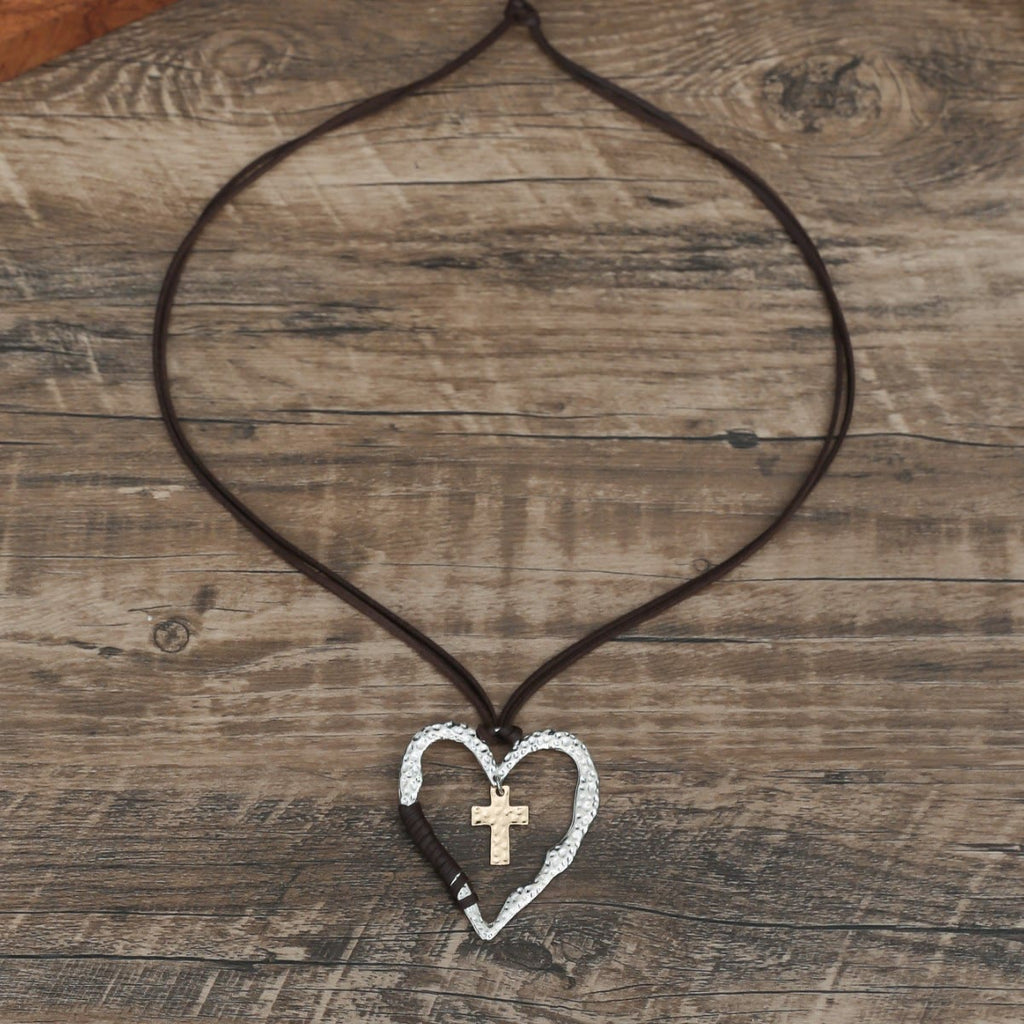 Bohemian Textured Heart Frame Necklace with Cross Charm and Leather