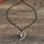 Bohemian Textured Heart Frame Necklace with Cross Charm and Leather
