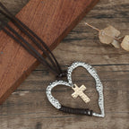 Bohemian Textured Heart Frame Necklace with Cross Charm and Leather