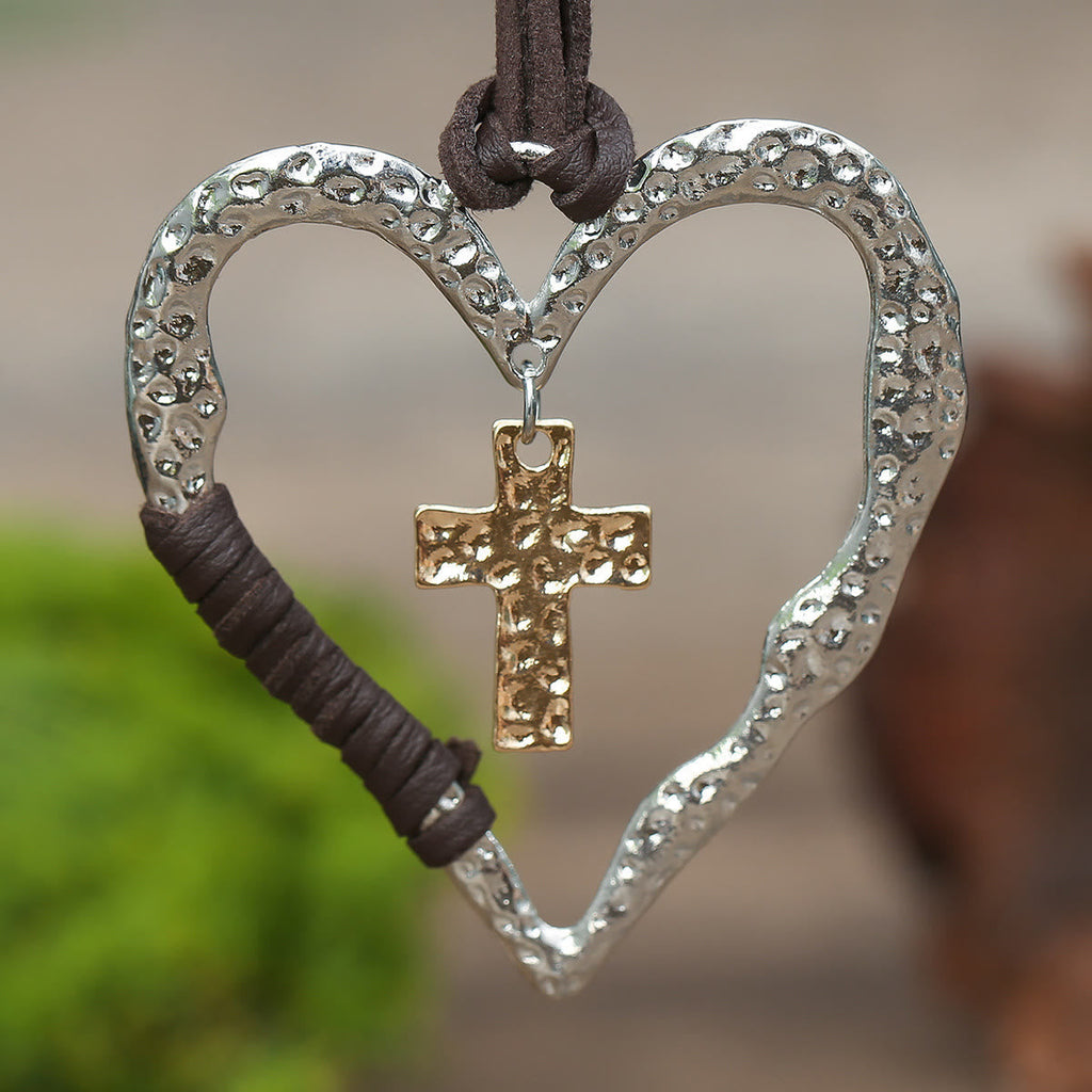 Bohemian Textured Heart Frame Necklace with Cross Charm and Leather