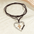 Bohemian Textured Heart Frame Necklace with Cross Charm and Leather
