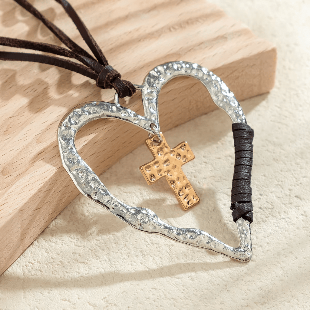 Bohemian Textured Heart Frame Necklace with Cross Charm and Leather