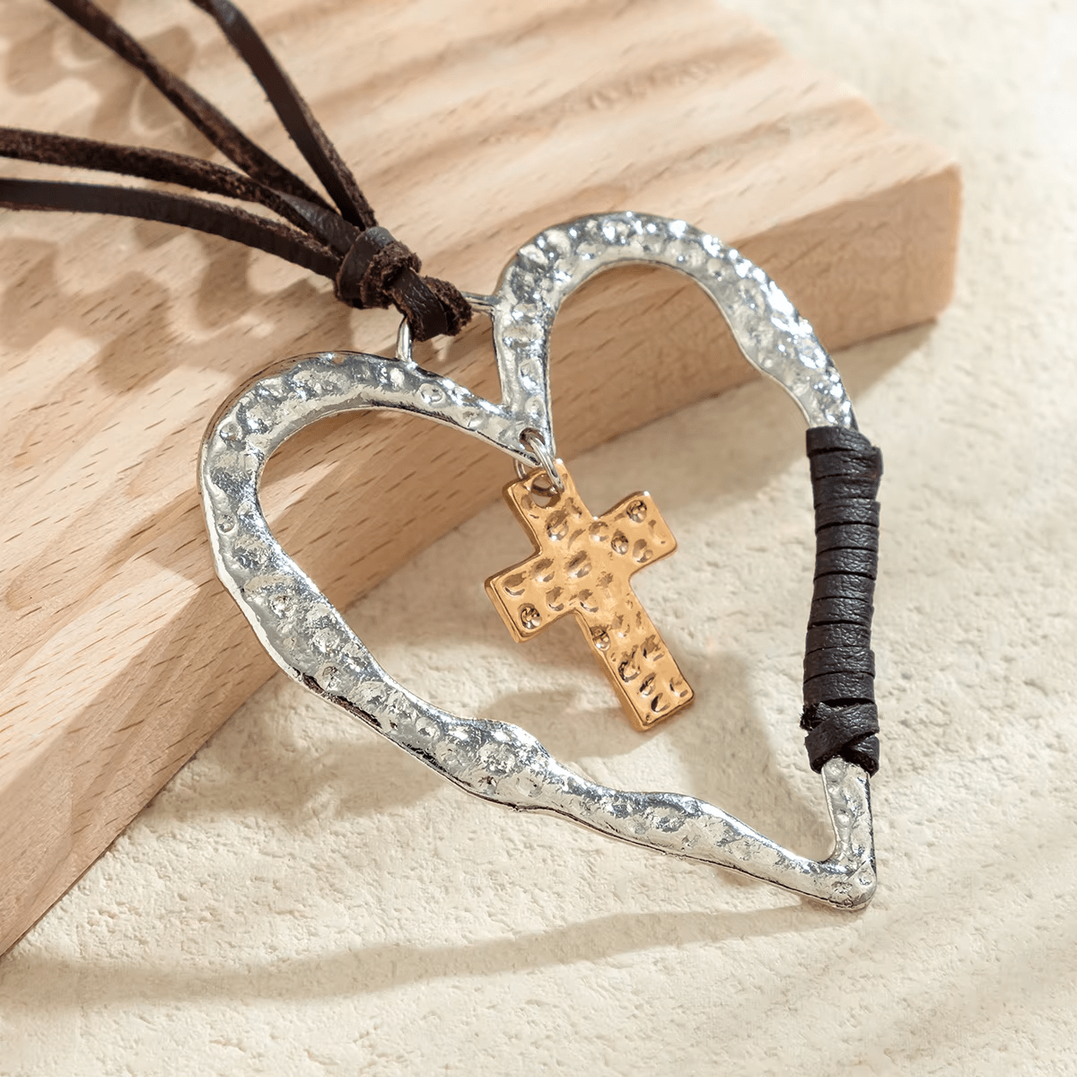 Bohemian Textured Heart Frame Necklace with Cross Charm and Leather
