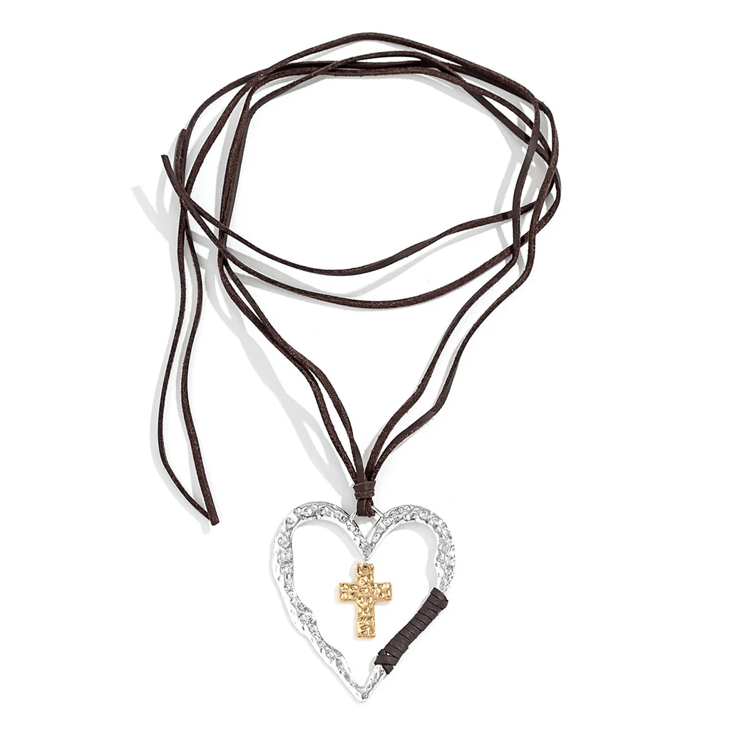 Bohemian Textured Heart Frame Necklace with Cross Charm and Leather