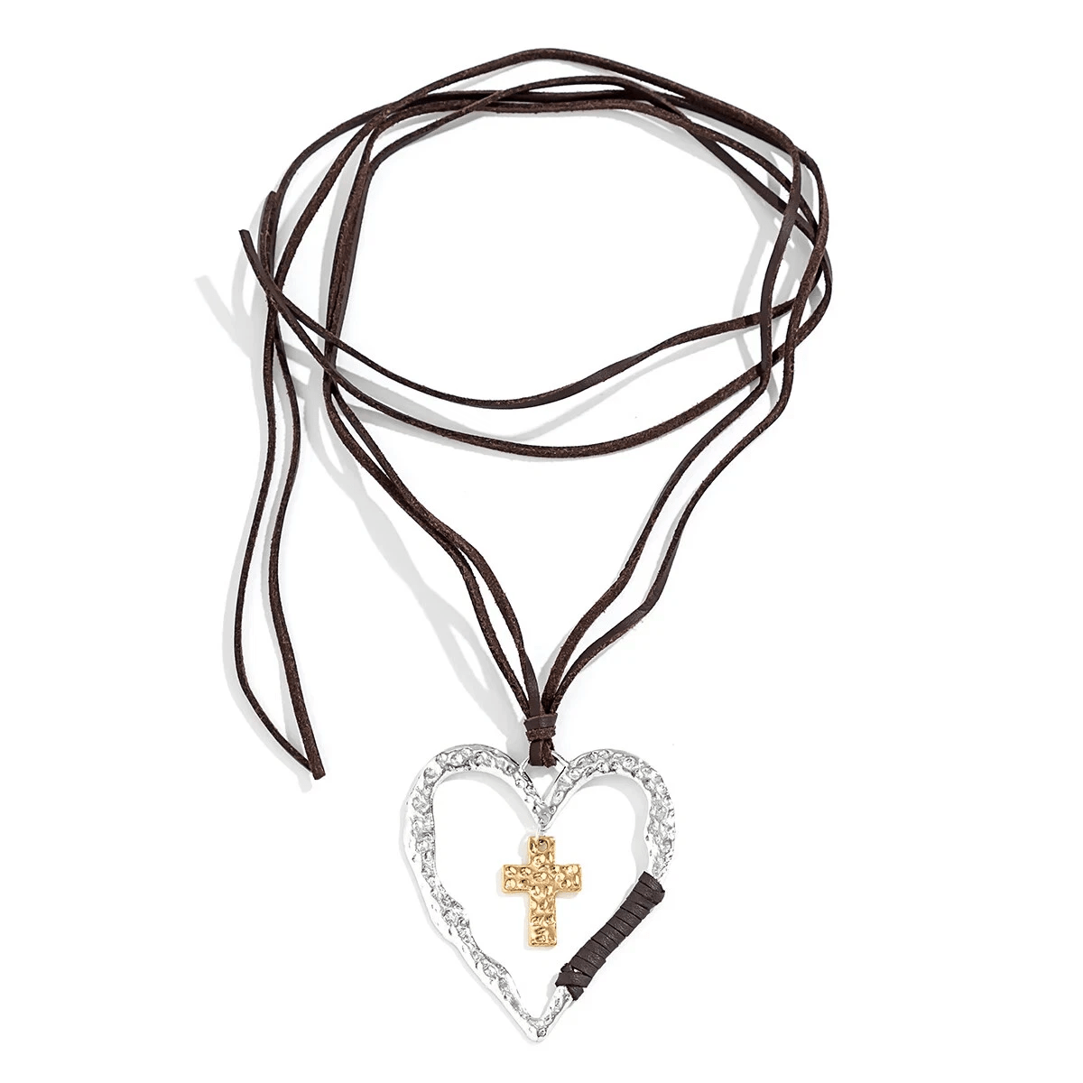 Bohemian Textured Heart Frame Necklace with Cross Charm and Leather