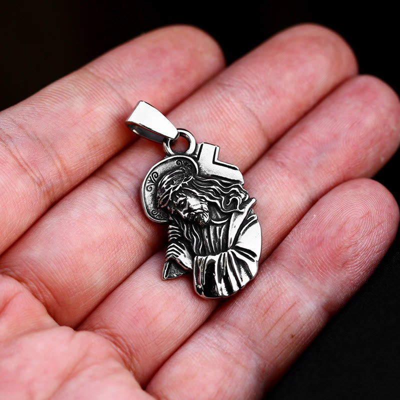 Classic Jesus with Crown of Thorns Cross Pendant Necklace