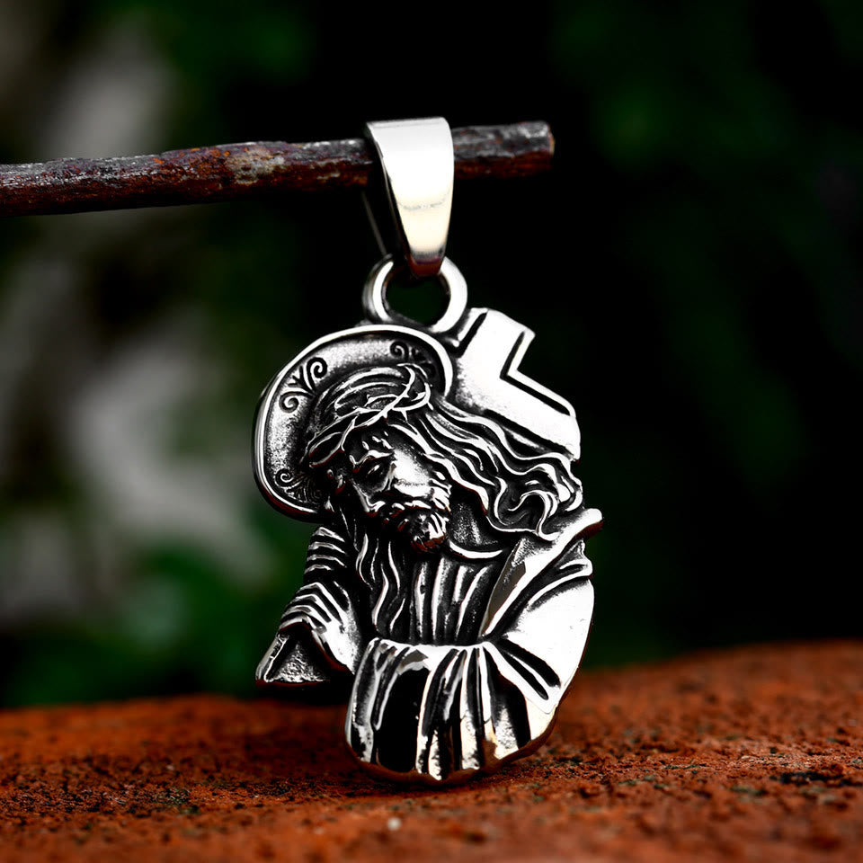 Classic Jesus with Crown of Thorns Cross Pendant Necklace