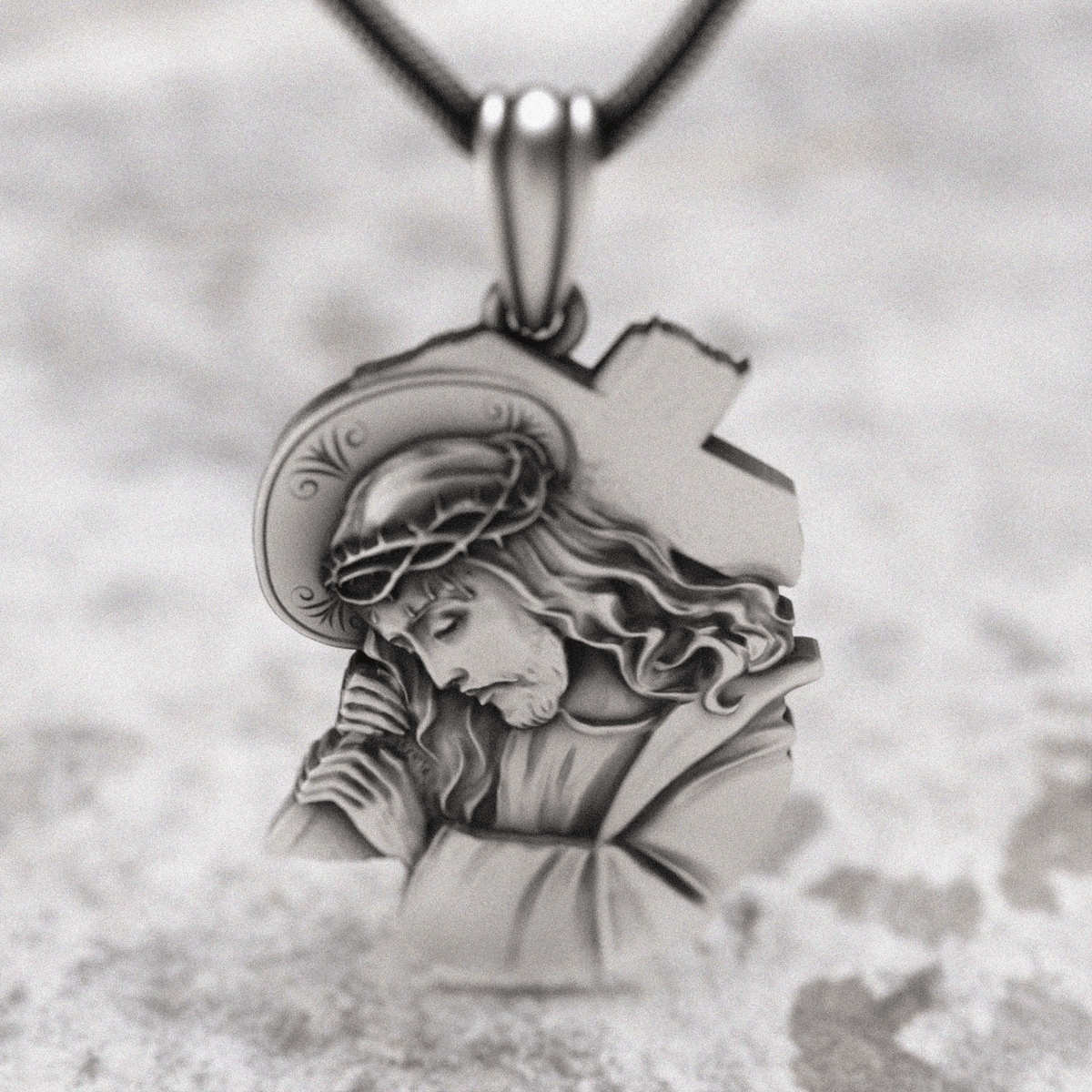Classic Jesus with Crown of Thorns Cross Pendant Necklace
