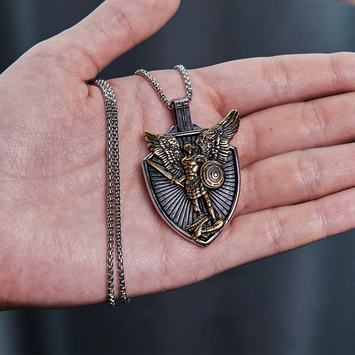 Vintage Shield St. Michael the Archangel Stainless Steel Pendant