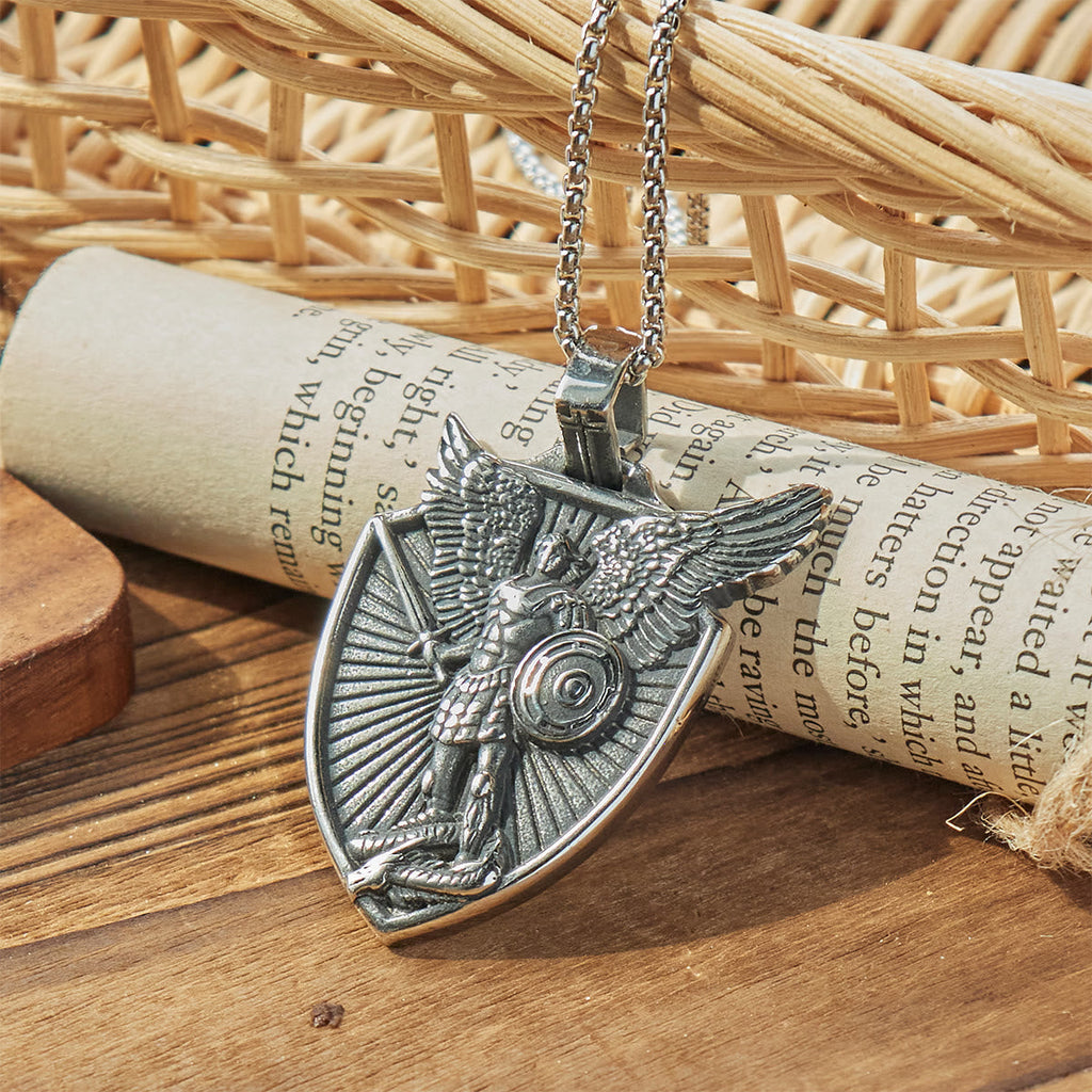 Vintage Shield St. Michael the Archangel Stainless Steel Pendant