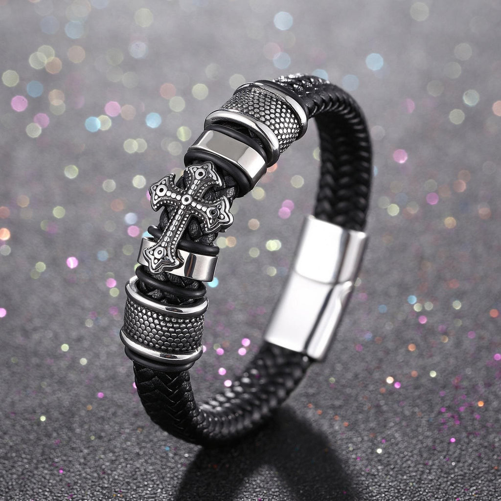 Classic Two-Tone Holy Cross Leather Bracelet with Braided Design