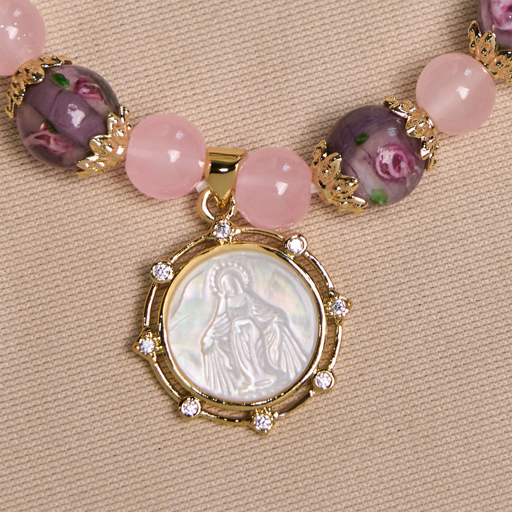 Handmade Rose Quartz Faith Crystal Bracelet with Narce Cameo of Virgin