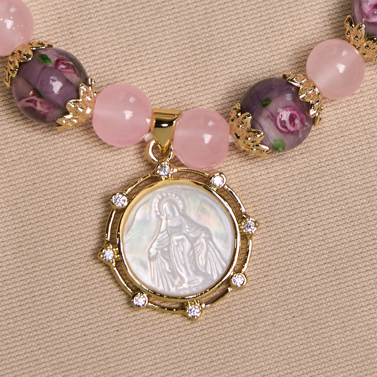 Handmade Rose Quartz Faith Crystal Bracelet with Narce Cameo of Virgin