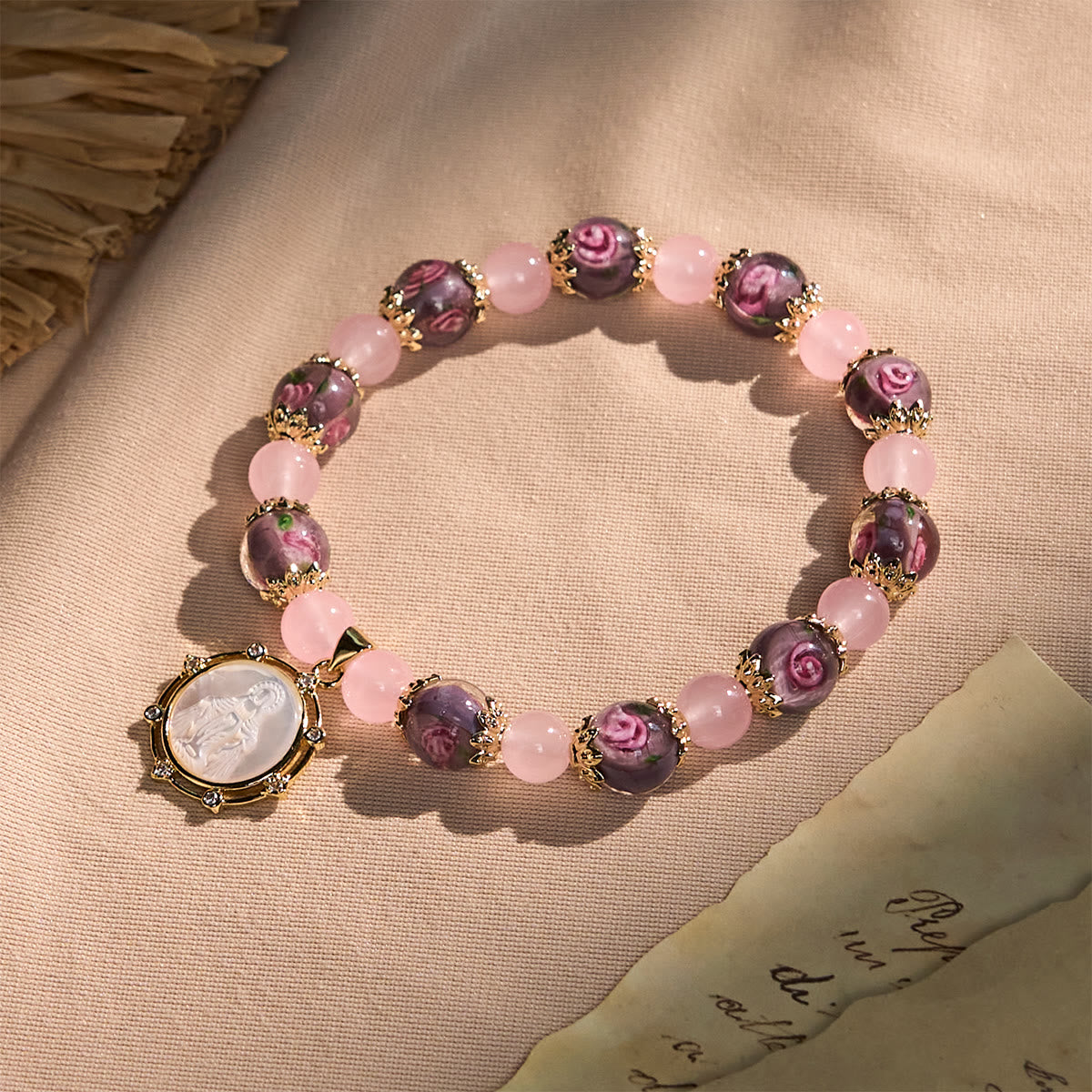 Handmade Rose Quartz Faith Crystal Bracelet with Narce Cameo of Virgin