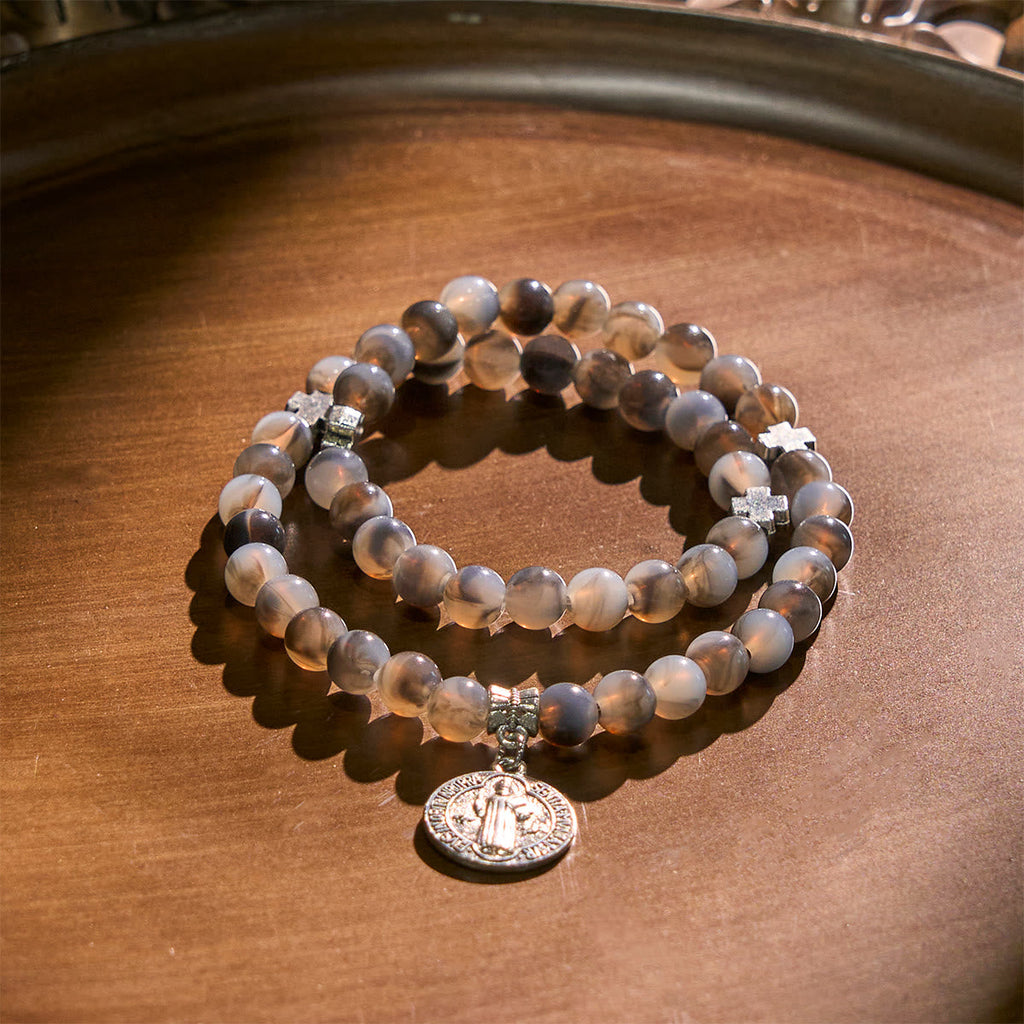 Gray Black Gradient Beads Bracelet Rosary with St. Benedict