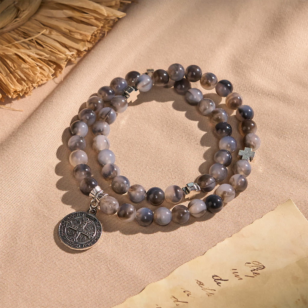 Gray Black Gradient Beads Bracelet Rosary with St. Benedict